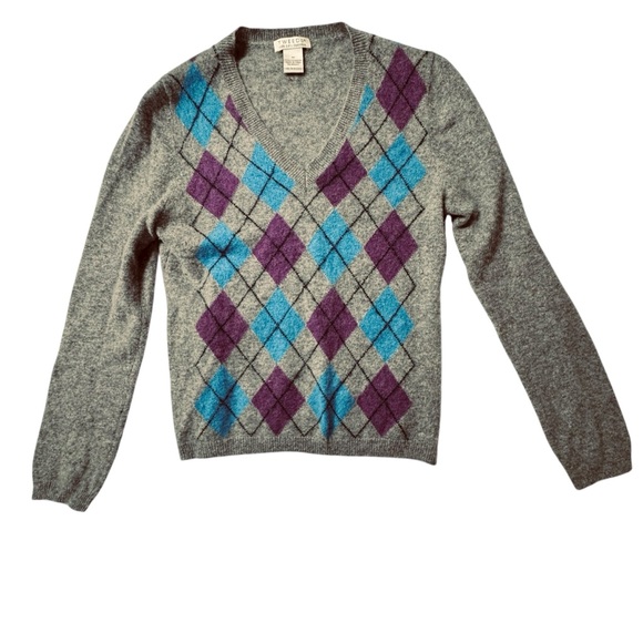 TWEEDS 2 ply quality cashmere argyle V-neck sweater preppy old money academia - Picture 1 of 8